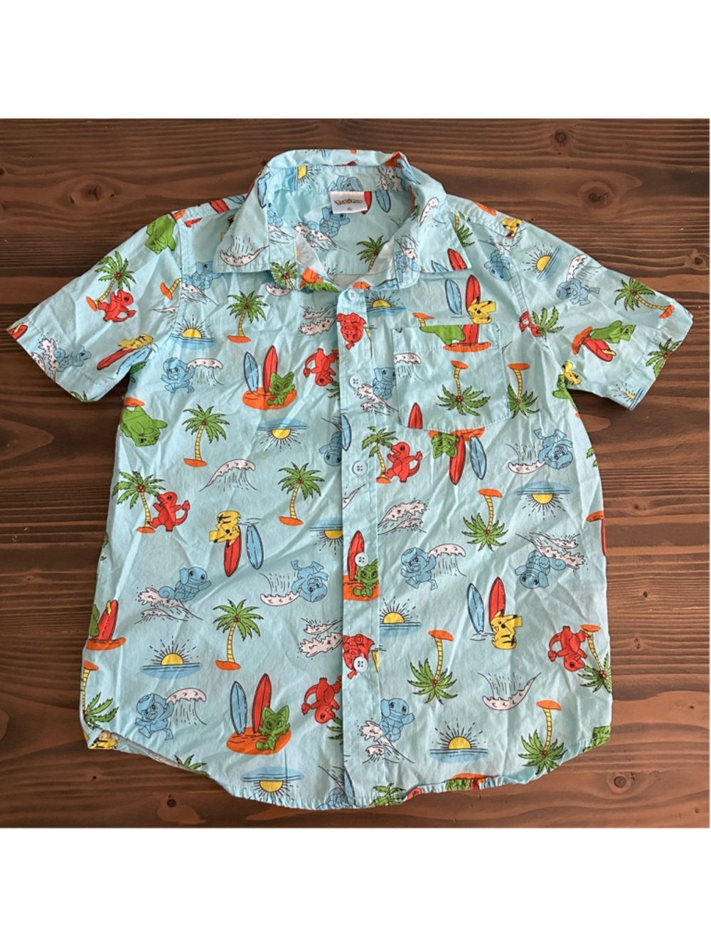 Pokémon Boys M 8 Tropical Button Down Shirt Light Blue Pikachu Hawaiian